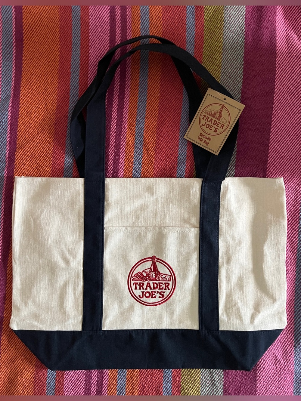 💙 NWT Trader Joe’s Large Navy & Natural Canvas Tote Bag | Gift Beach Market